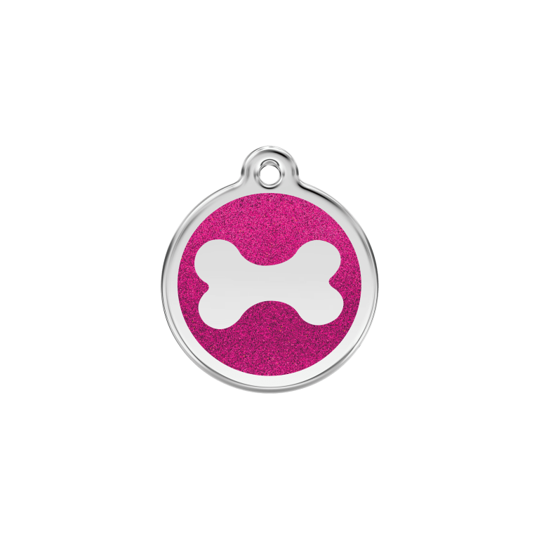 Vue avant - "Médaille personnalisée pour chat ou chien - Red Dingo Émail pailleté rose vif - Os scintillant - Size S"