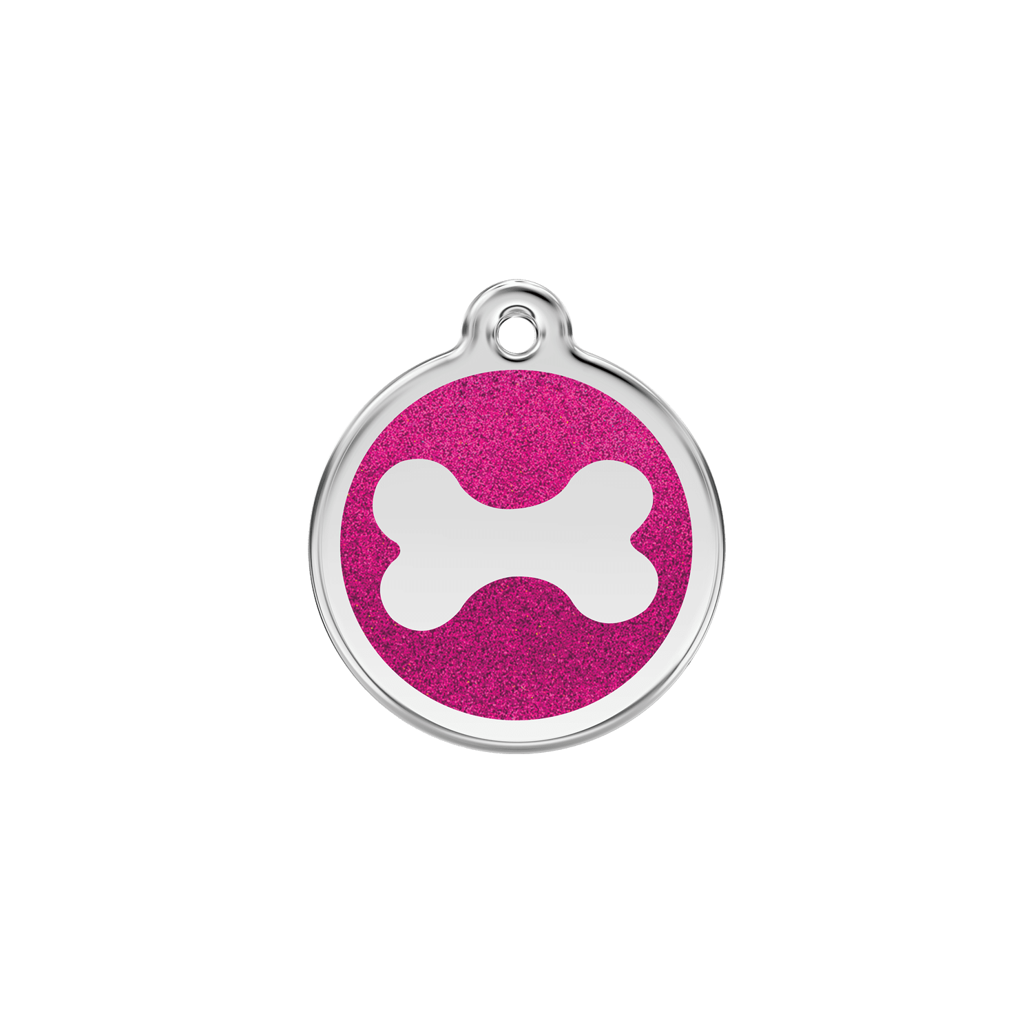 Vue avant - "Médaille personnalisée pour chat ou chien - Red Dingo Émail pailleté rose vif - Os scintillant - Size S"