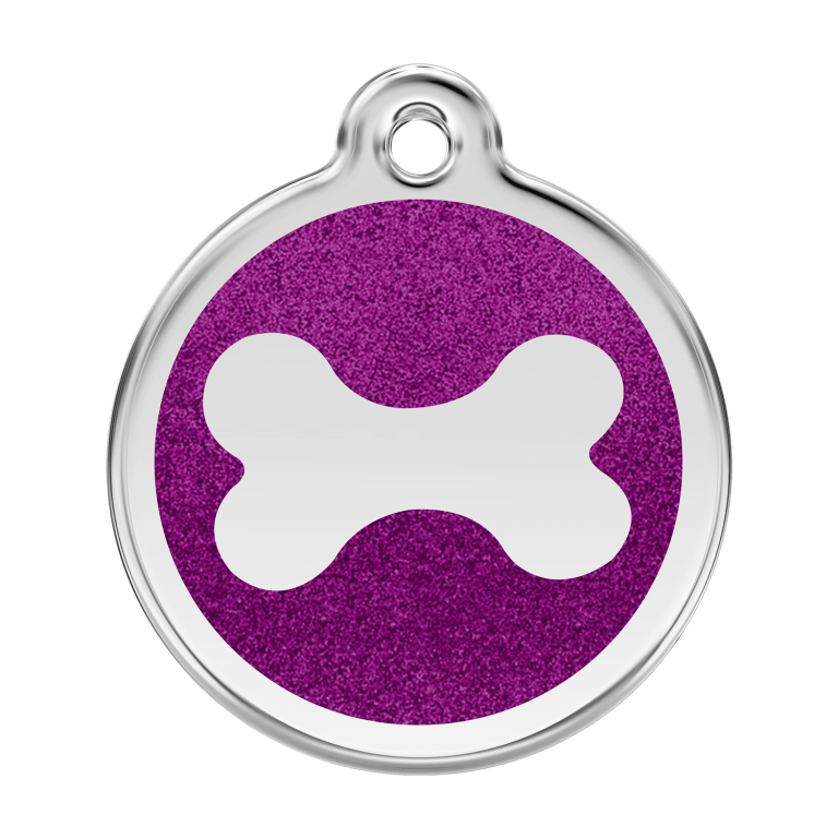 Vue avant - Médaille personnalisée pour chien - Red Dingo Émail pailleté violet - Os scintillant - Size L
