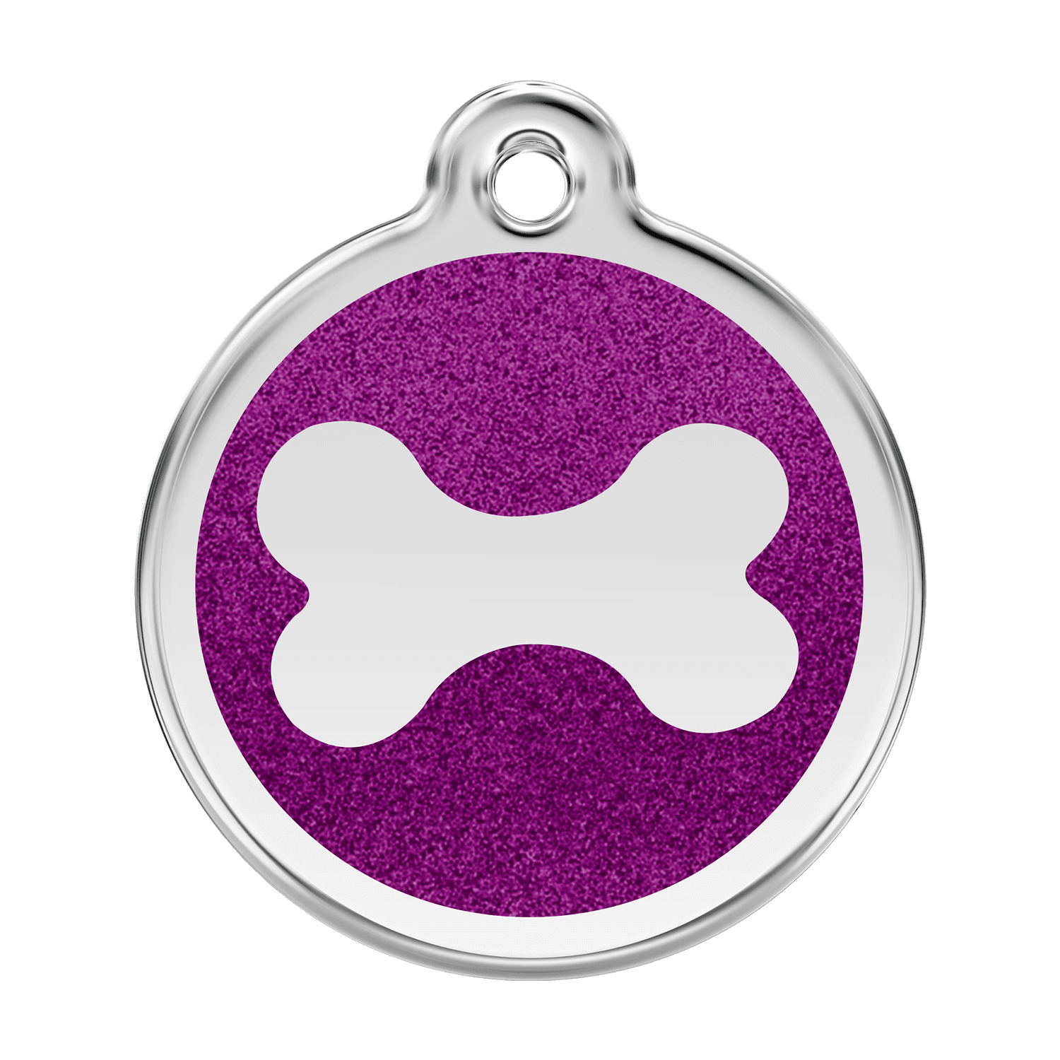 Vue avant - Médaille personnalisée pour chien - Red Dingo Émail pailleté violet - Os scintillant - Size L