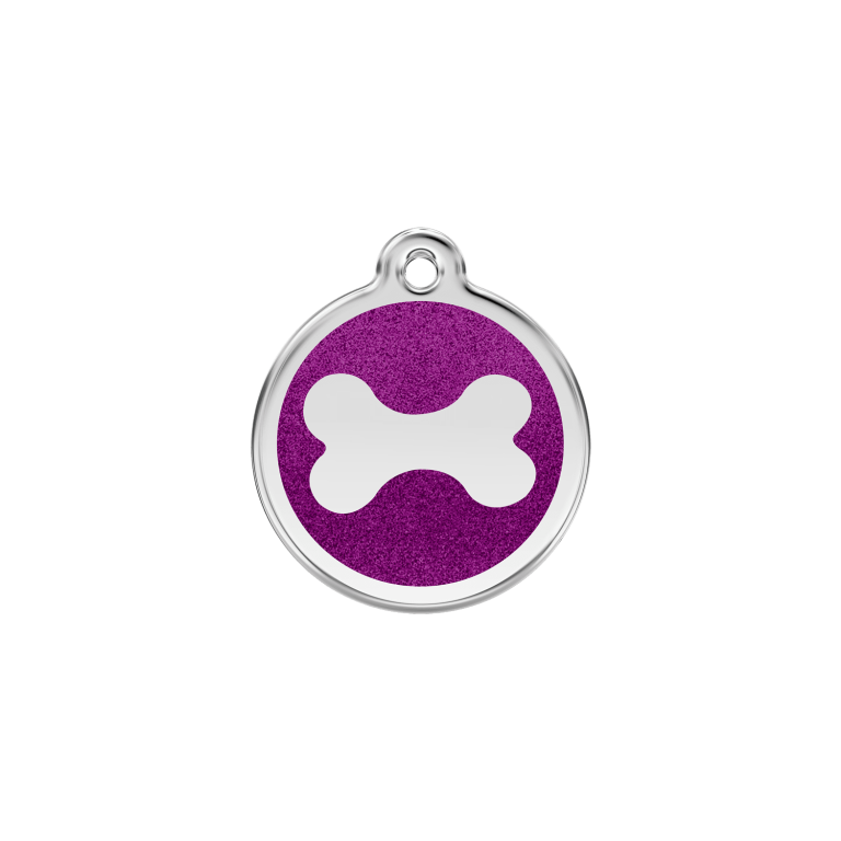 Vue avant - Médaille personnalisée pour chien/chat Red Dingo Émail pailleté violet - Os scintillant - Size S