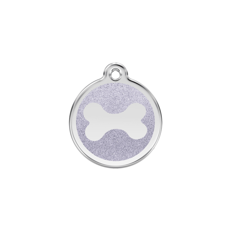 Vue avant - Médaille personnalisée pour chien/chat Red Dingo Émail pailleté argent - Os scintillant - Size S