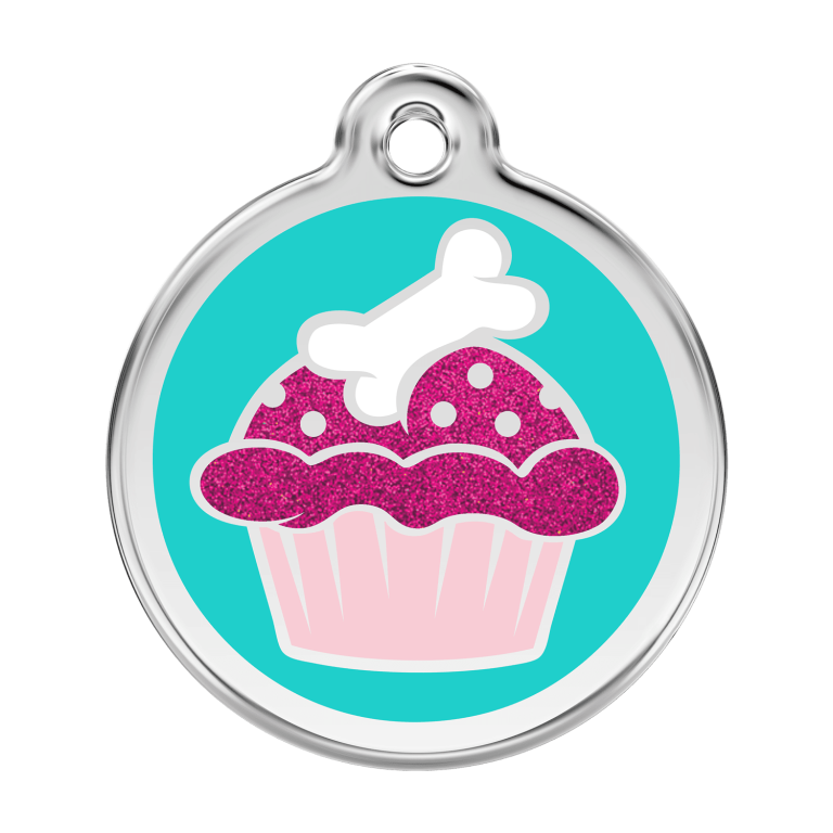 Vue avant - Médaille personnalisée pour chien Red Dingo Émail pailleté Cupcake Aqua - Size L