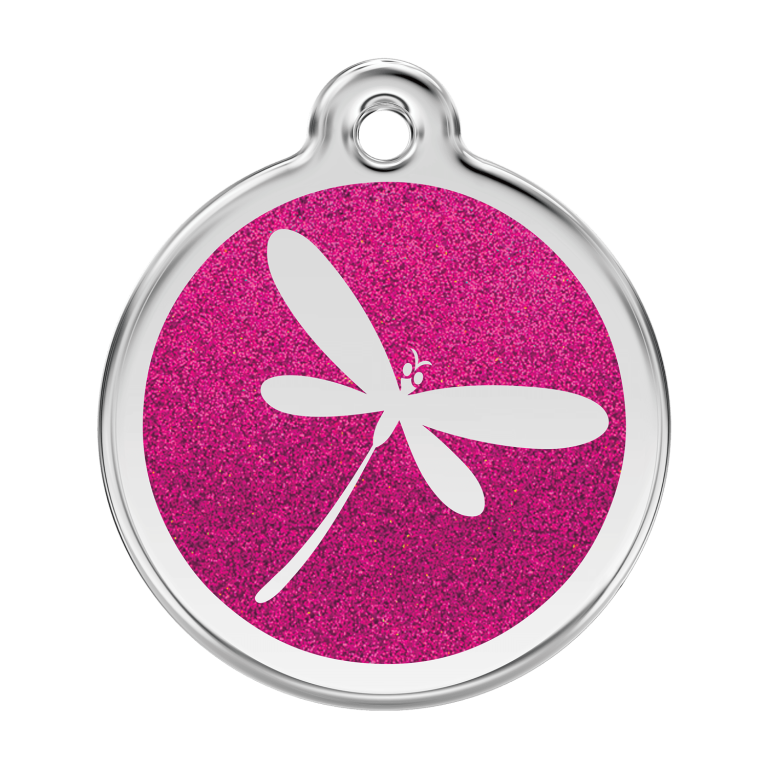 Vue avant - Médaille personnalisée pour chien Red Dingo Émail pailleté rose vif - Libellule scintillante