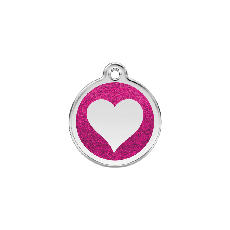 Vue avant - Médaille personnalisée pour chien/chat Red Dingo Émail pailleté rose vif - Size S - Coeur scintillant