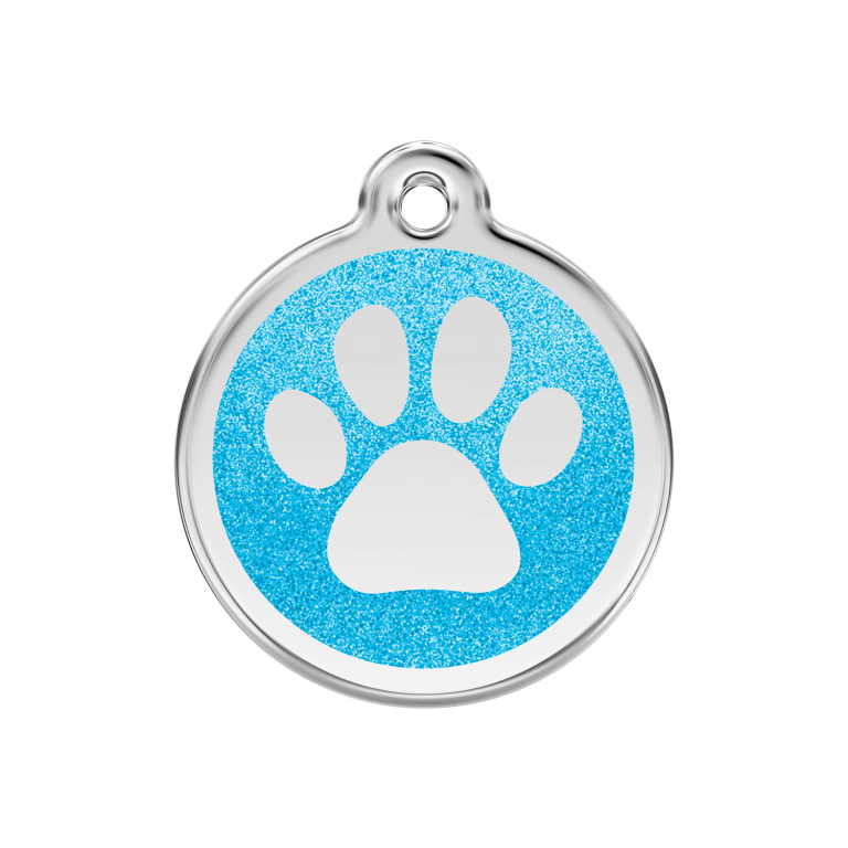 Vue avant - Médaille personnalisée pour chien ou chat Red Dingo Émail pailleté Aqua 30mm - Empreinte de patte scintillante