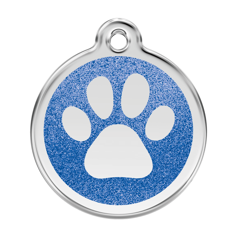 Vue avant - Médaille personnalisée pour chien Red Dingo Émail pailleté bleu foncé - Size L - Empreinte de patte scintillante