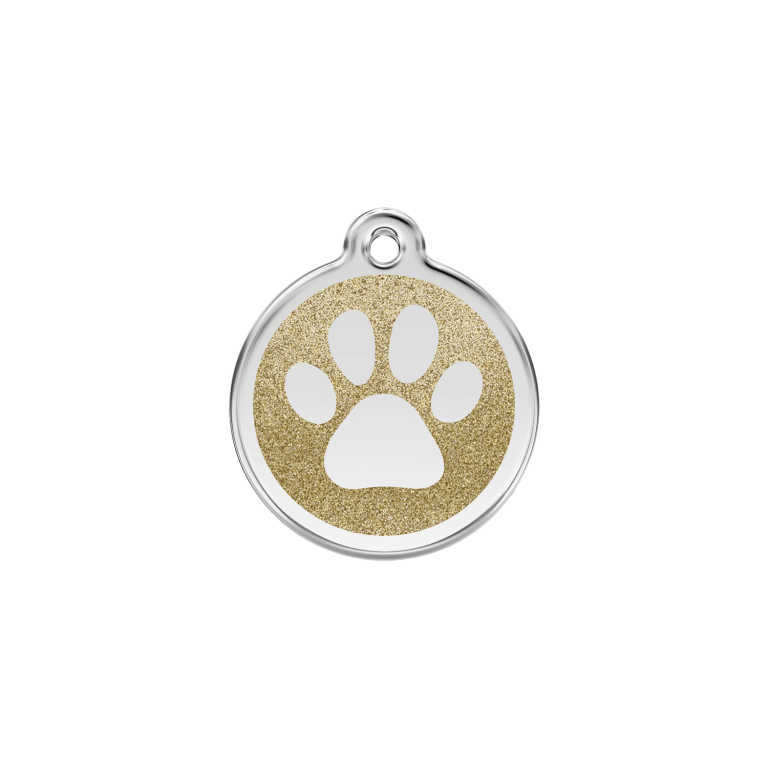 Vue avant - Médaille personnalisée pour chien/chat Red Dingo Émail pailleté Or - Empreinte de patte - Size S