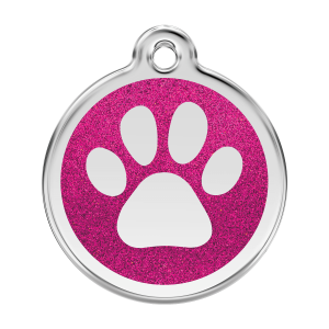 Large Bright Pink Sparkling Paw Print Dog ID Tag