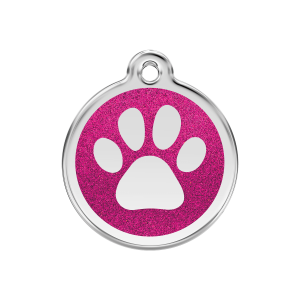 Bright Pink Sparkling Paw Print Dog ID Tag Medium