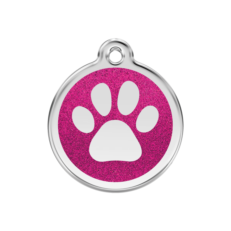 Vue avant - Médaille personnalisée pour chien ou chat - Empreinte de patte en émail pailleté rose vif - Red Dingo