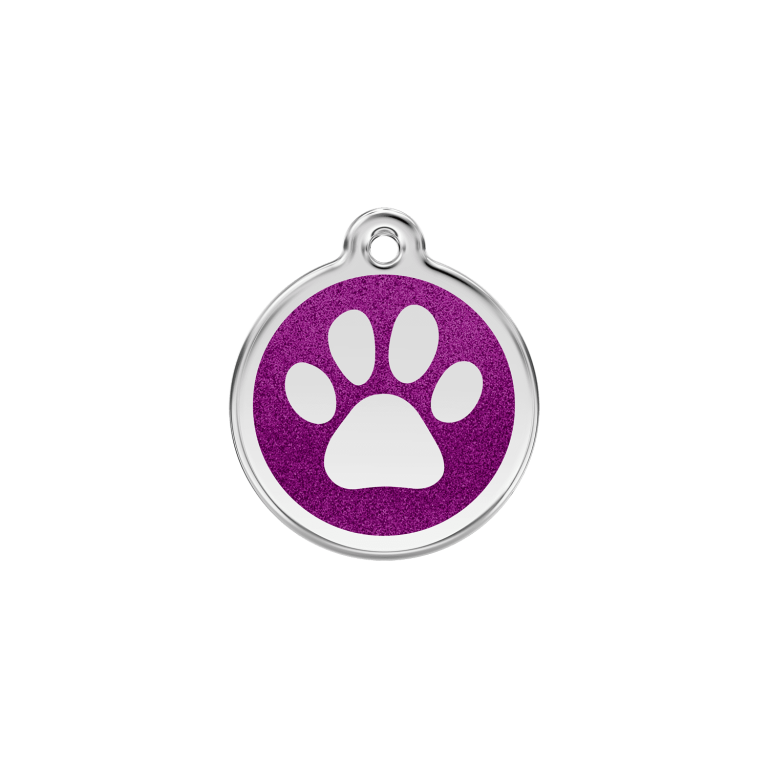 Vue avant - Médaille personnalisée pour chien/chat Red Dingo Émail pailleté violet - Empreinte de patte scintillante - Size S