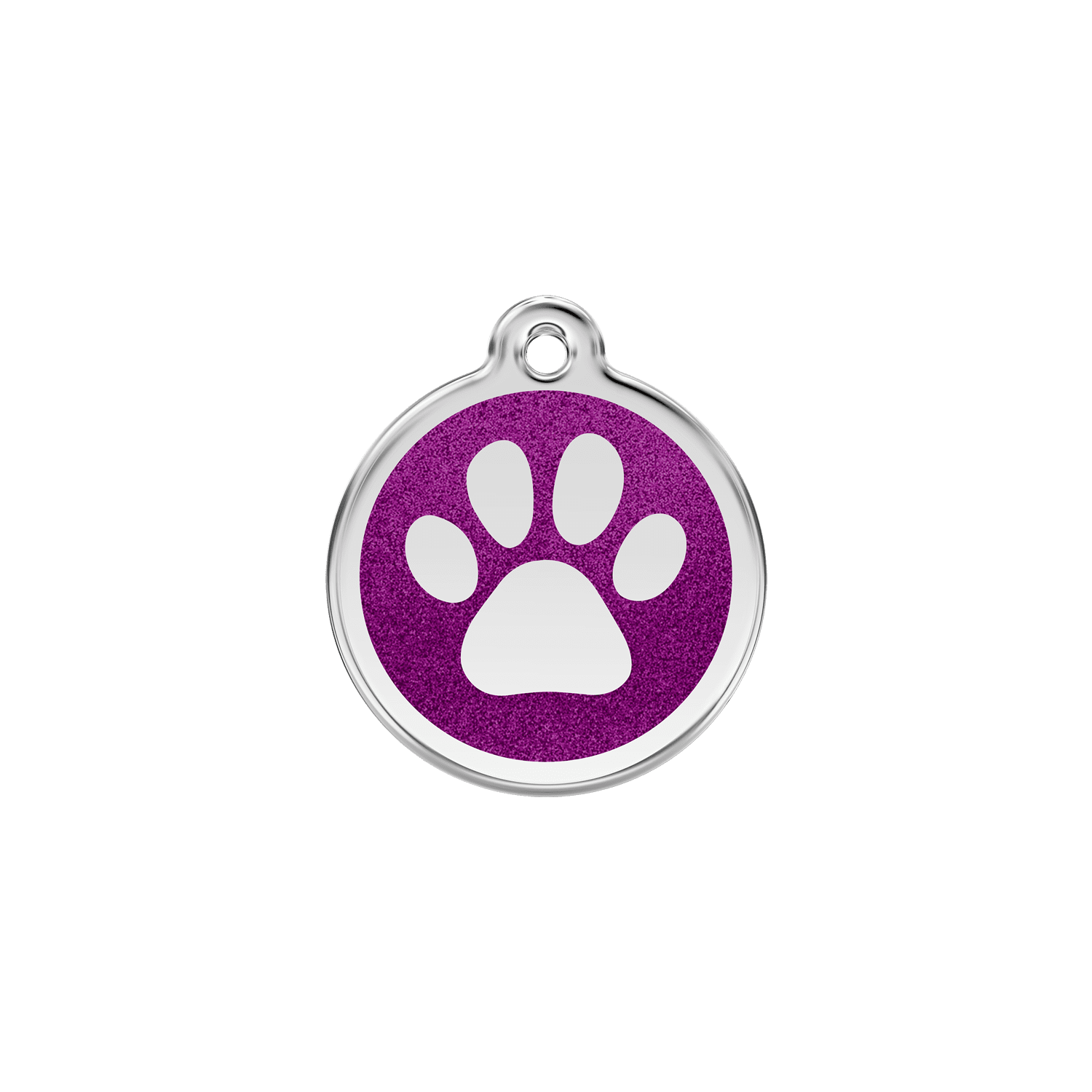 Vue avant - Médaille personnalisée pour chien/chat Red Dingo Émail pailleté violet - Empreinte de patte scintillante - Size S