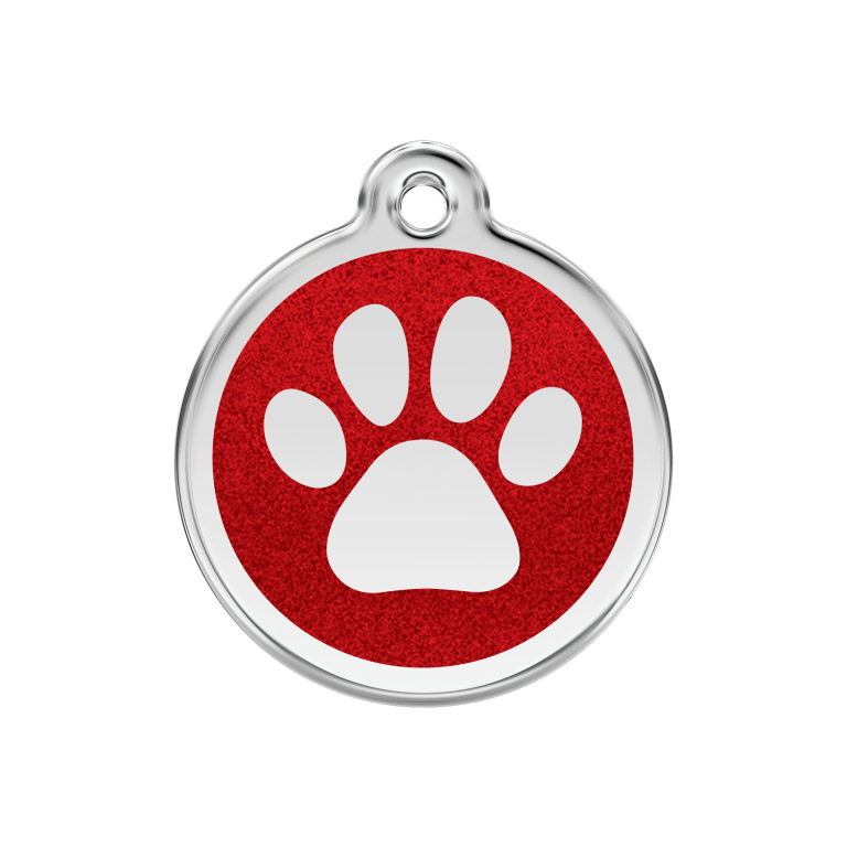 Vue avant - Médaille personnalisée pour chien/chat Red Dingo Émail Pailleté Rouge - Empreinte de Patte Scintillante
