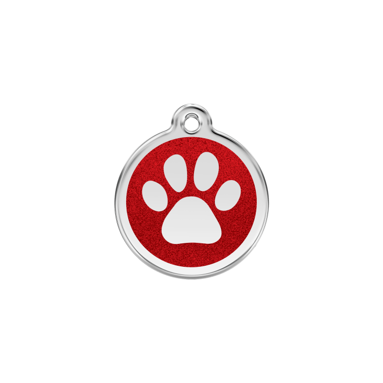 Vue avant - Médaille personnalisée pour chien/chat Red Dingo Émail pailleté rouge - Empreinte de patte scintillante - Size S