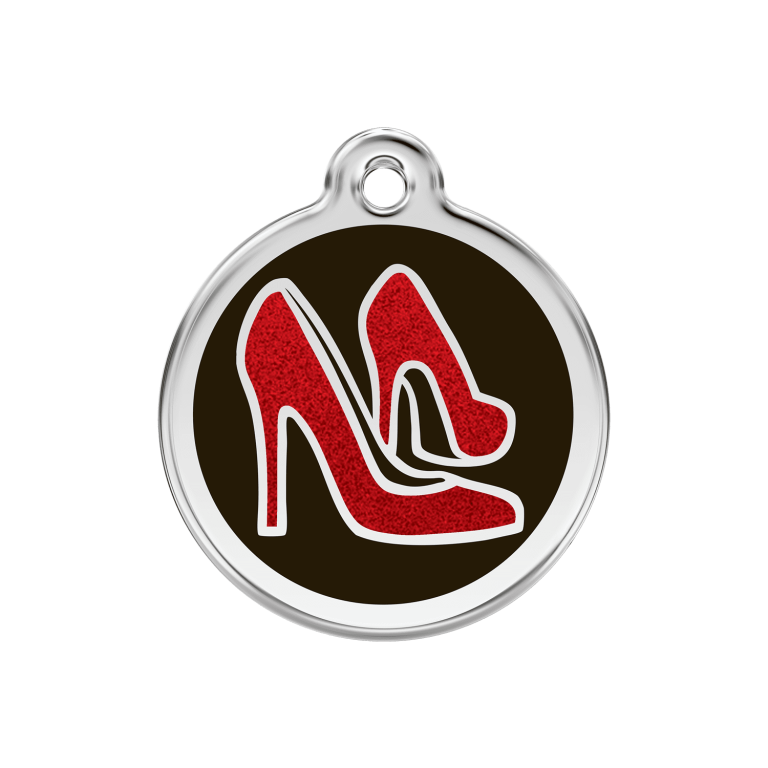 Vue avant - Médaille personnalisée pour chien ou chat Red Dingo Émail pailleté et acier inoxydable - Chaussure rouge - Size M