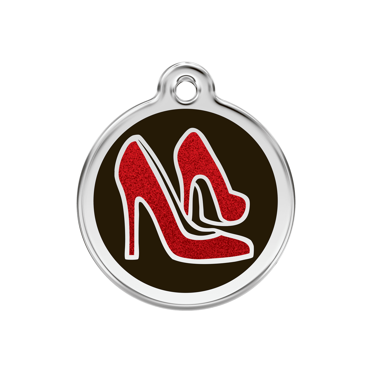 Vue avant - Médaille personnalisée pour chien ou chat Red Dingo Émail pailleté et acier inoxydable - Chaussure rouge - Size M