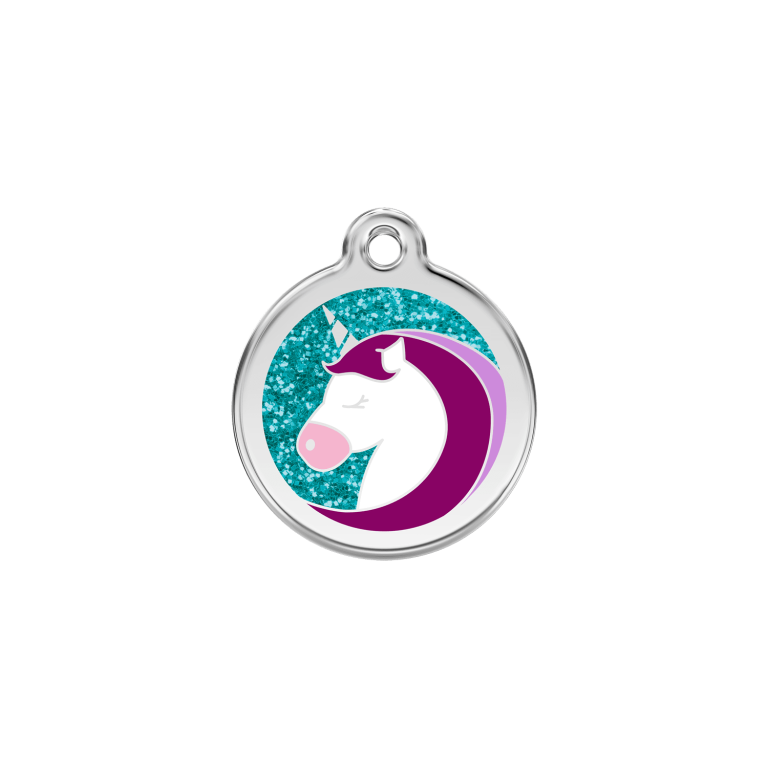Vue avant - Médaille personnalisée pour chat ou chien Red Dingo Émail pailleté Licorne Aqua 20.00mm