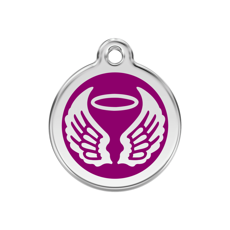 Vue avant - Médaille personnalisée pour chien Red Dingo Émail et acier inoxydable - Ailes d'anges - Violet - Size M