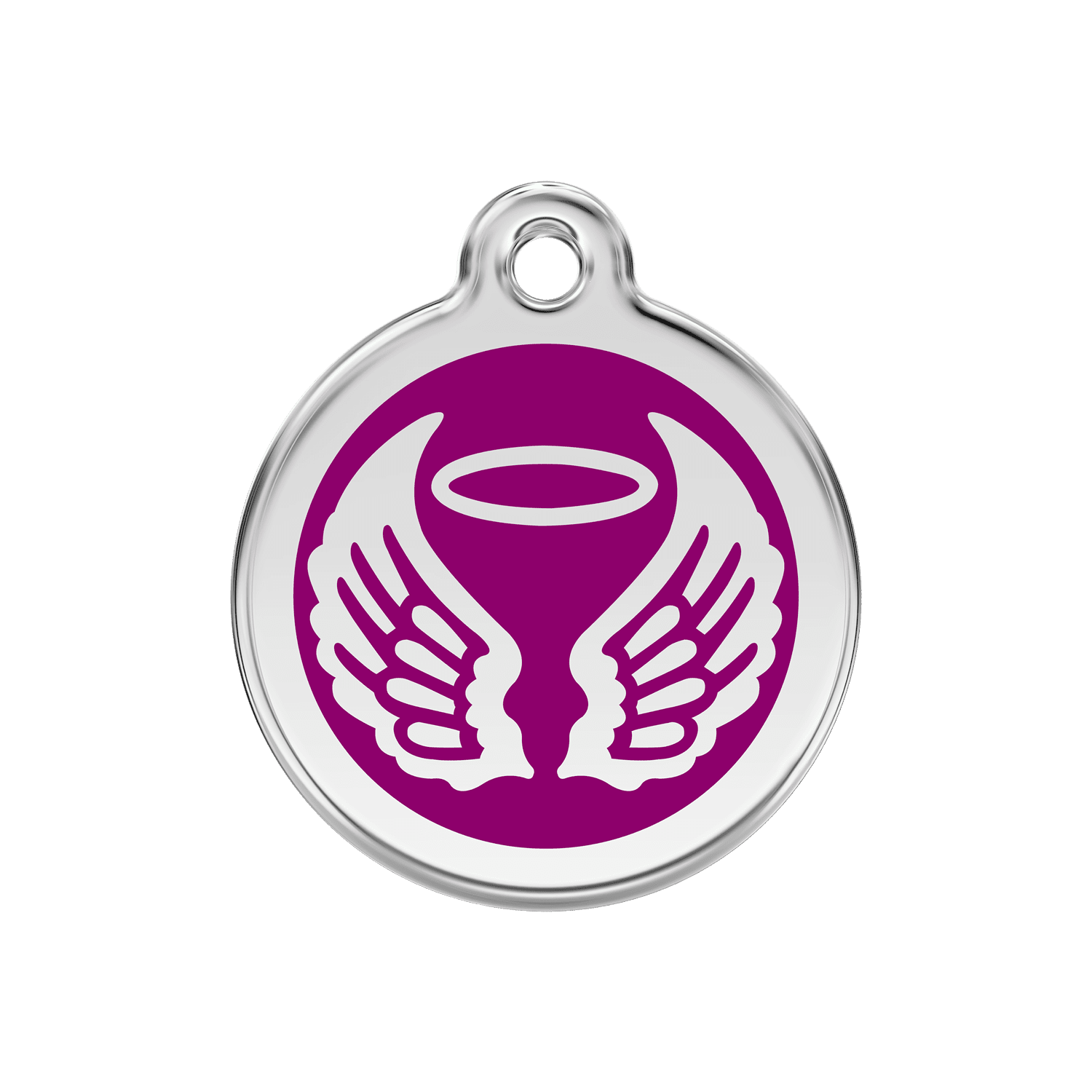 Vue avant - Médaille personnalisée pour chien Red Dingo Émail et acier inoxydable - Ailes d'anges - Violet - Size M
