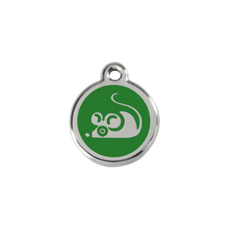 Vue avant - Médaille personnalisée pour chat en émail et acier inoxydable - Red Dingo - Motif souris vert - Size S