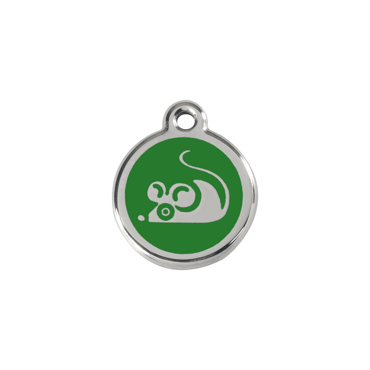 Vue avant - Médaille personnalisée pour chat en émail et acier inoxydable - Red Dingo - Motif souris vert - Size S