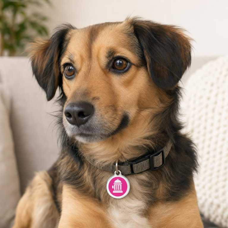 Médaille chien Bouche d'incendie Rose vif Size M portée par un animal, avec une échelle réaliste.