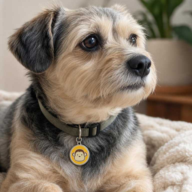 Médaille chien tiquette de singe Jaune Size M portée par un animal, avec une échelle réaliste.