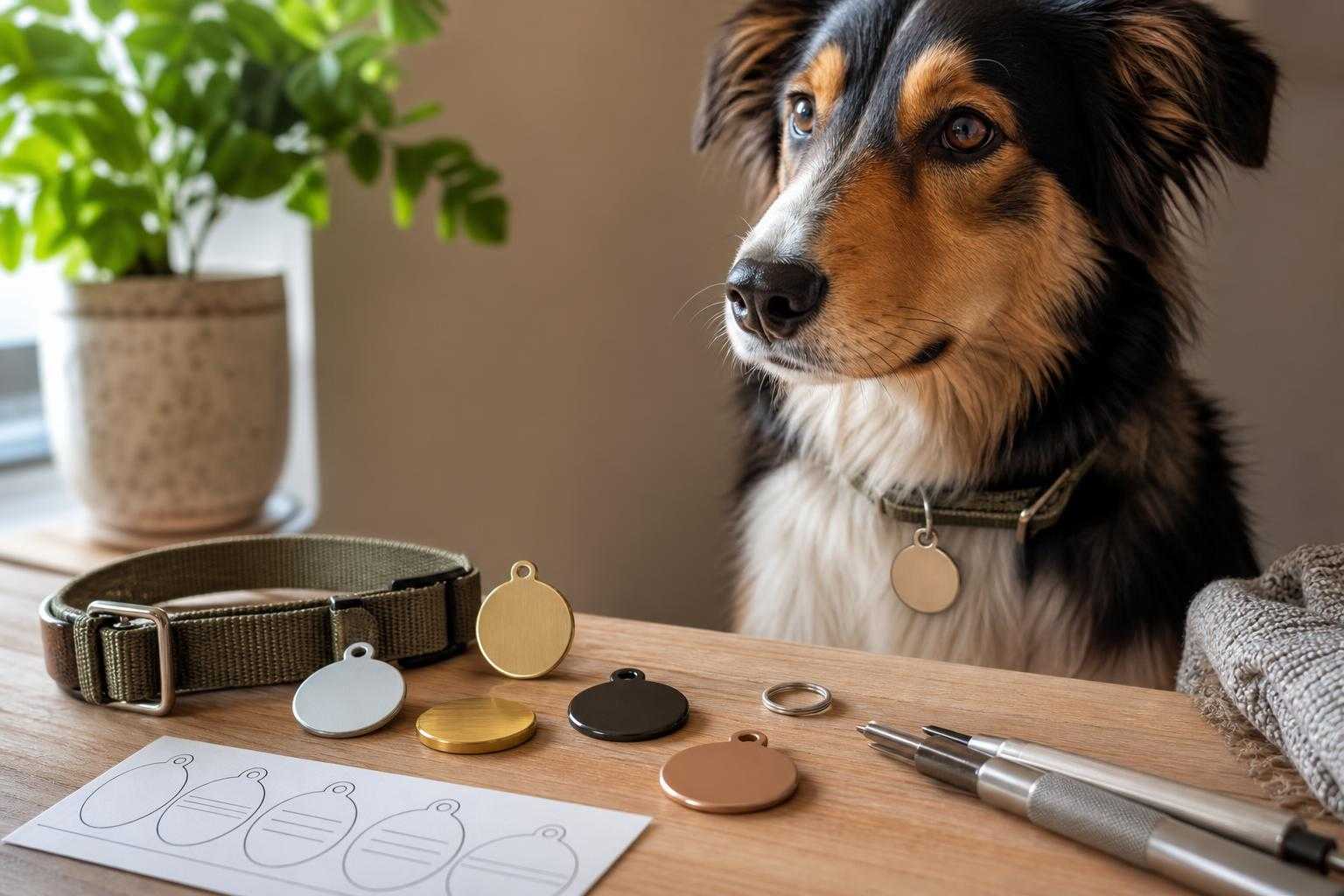 Dog and cat wearing pet ID tags to illustrate engraving options